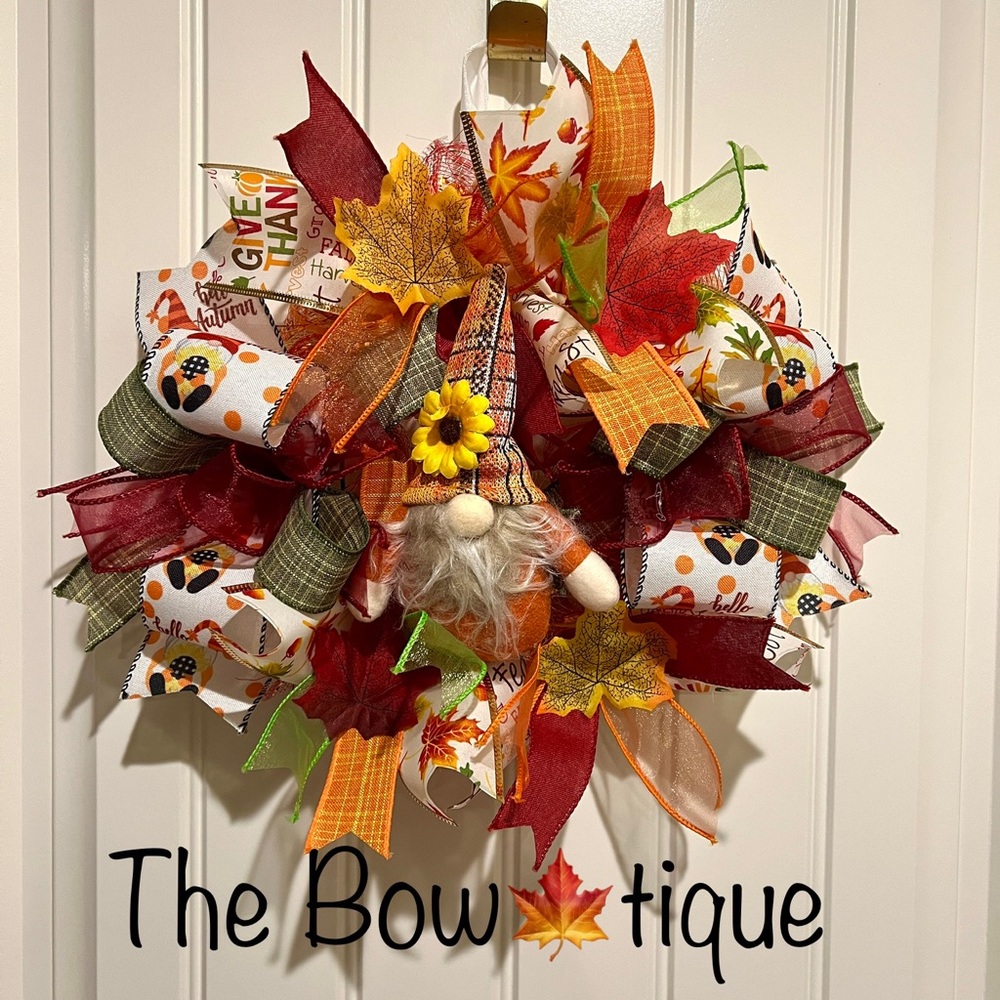 13 inch Ribbon Wreath Fall Autumn Thanksgiving Gnome MW5